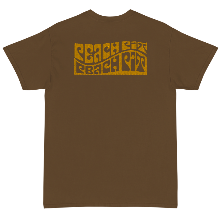 Peach Pit brown short sleeve tee with circular Peach Pit logo on front and rolling design on the back